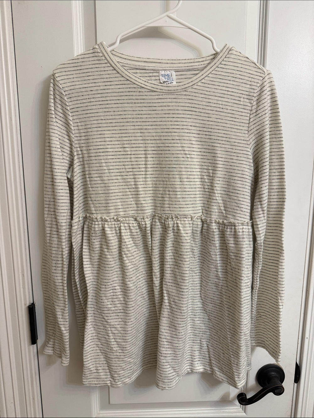 Time and Tru Cream Striped Long Sleeve Peplum Top